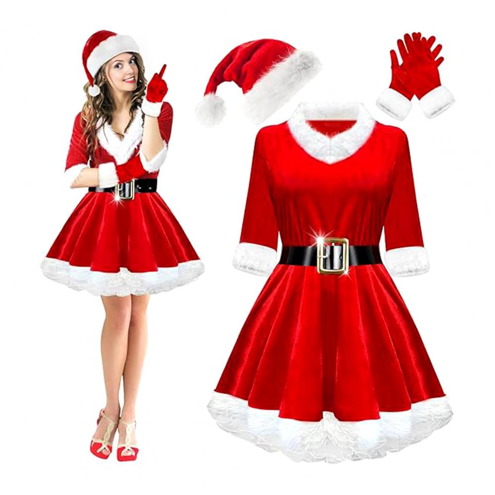 Elf Costume Christmas - 4-teiliges Mrs. Claus-Kostümset für Damen Weihnachtsmann-Kostüm