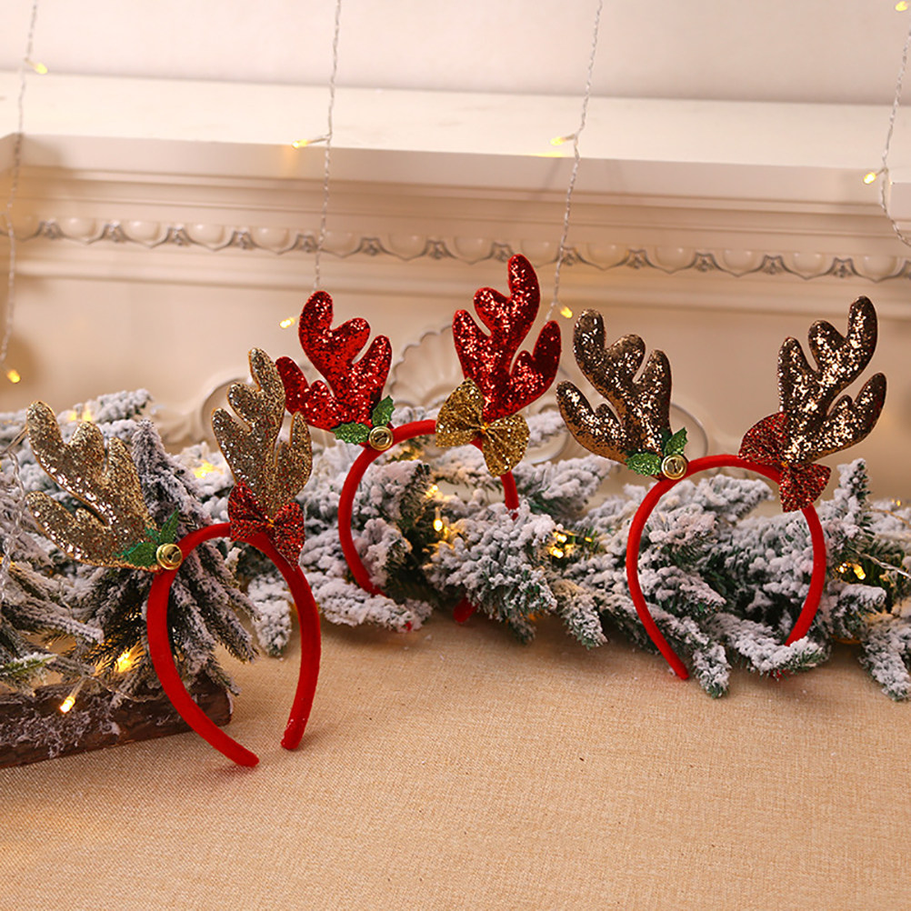 Reindeer Antlers Headband - 3 Stück Rentiergeweih Weihnachts-Stirnbänder Glitzer-Glocken-Haarbänder Rot