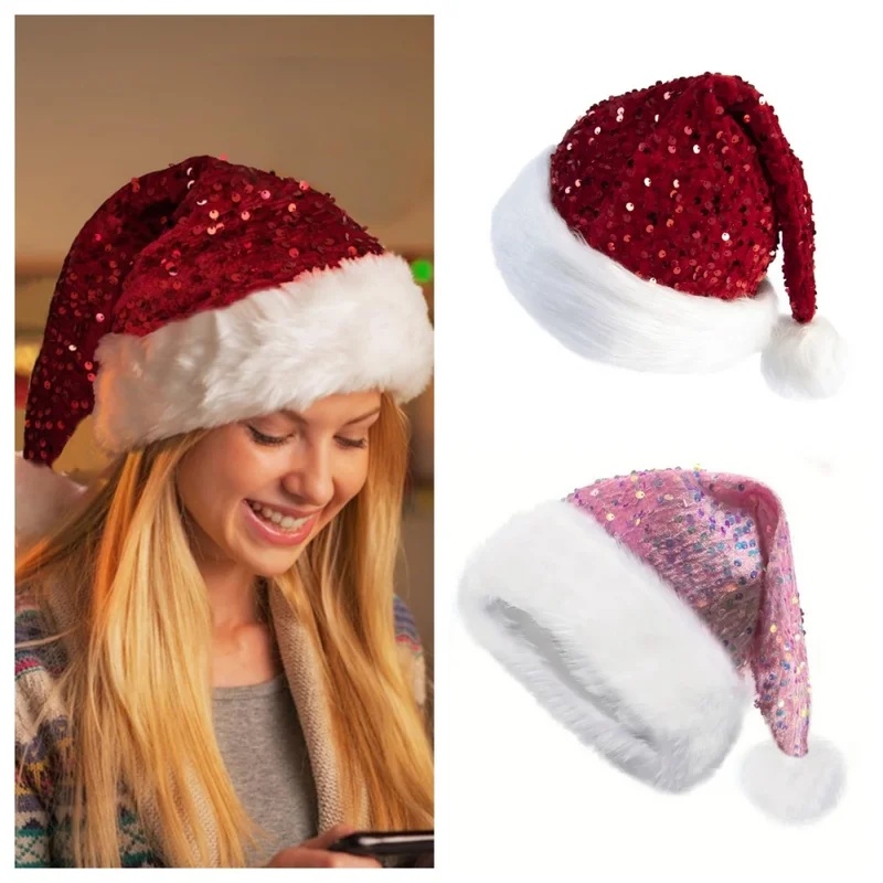 Santa Hat Plush - Doppellagige Pailletten-Weihnachtsmütze, Plüsch-Weihnachtsmannmütze mit langem, flauschigem